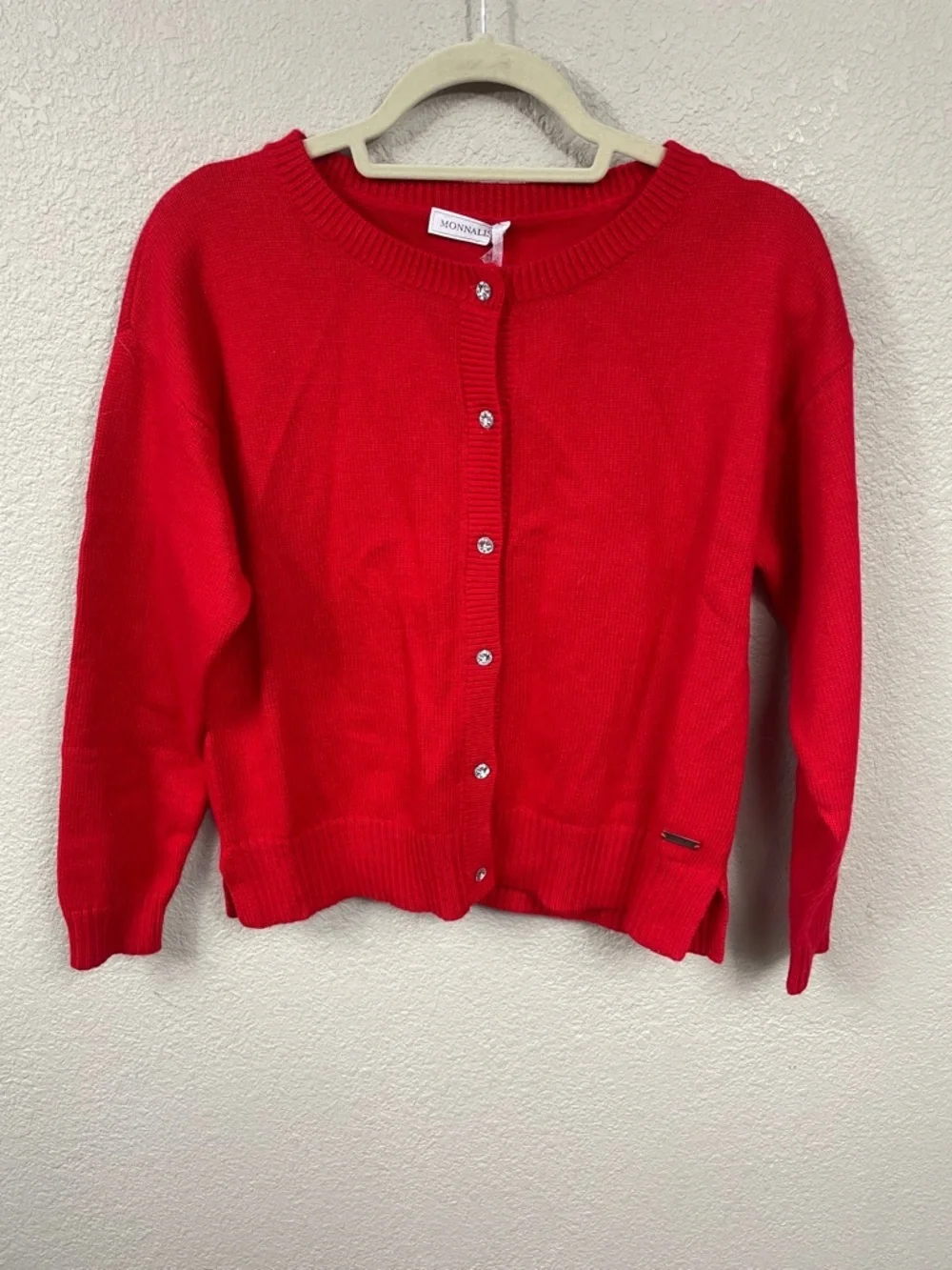 NWT Monnalisa Angora Wool Blend Red Cardigan Sweater Crystal Button Sz 12 Y